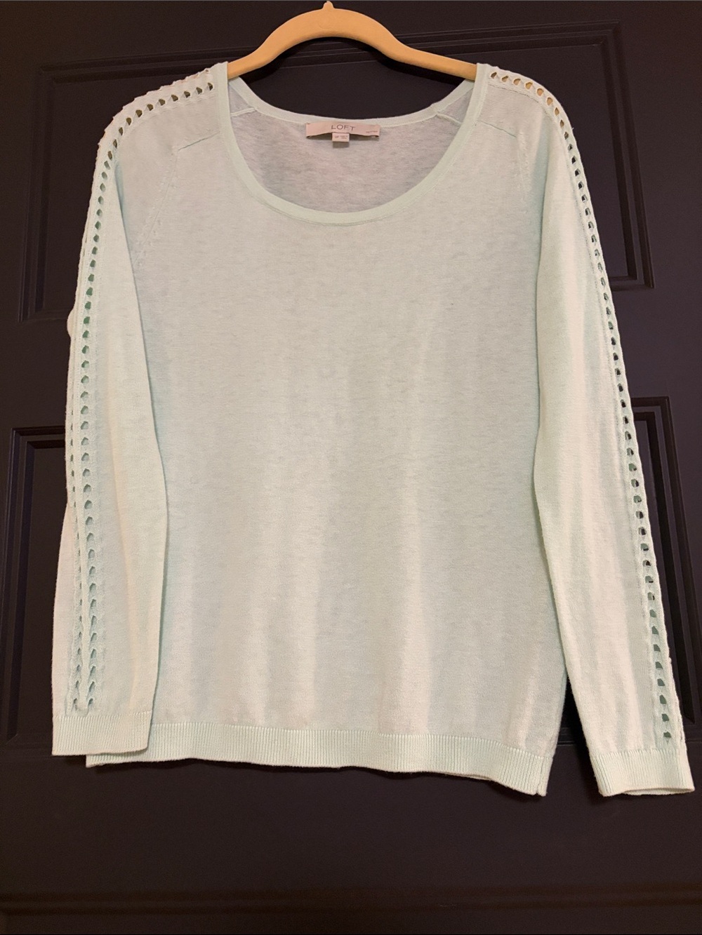 LOFT Mint Green Crewneck Sweater with Open-Stitch Sleeves